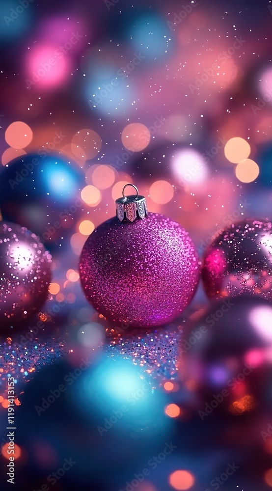 Obraz premium Beautiful Christmas background with glitter and ornaments, in shades of pink, blue, and purple, with a blurred background