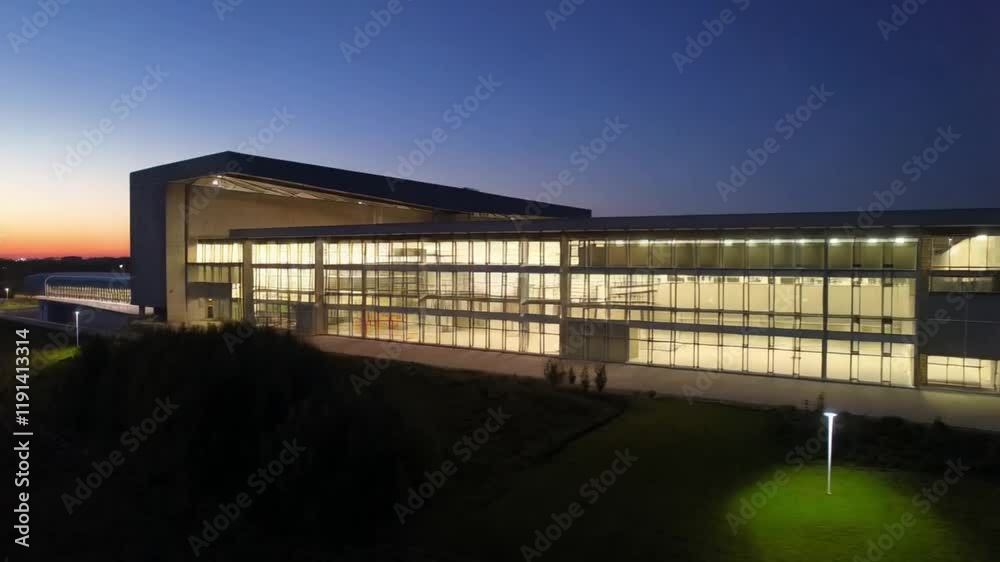 A modern industrial building with raw materials like steel, concrete, and glass. The exterior features expansive windows and evening lighting, emphasizing innovation and sleek, minimalist design. A modern industrial building with raw materials like steel, concrete, and glass. The exterior features expansive windows and evening lighting, emphasizing innovation and sleek, minimalist design.
