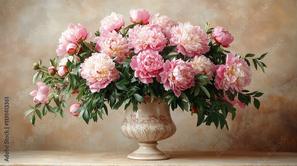 Fototapeta premium Peonies in Urn with Vintage Representation for Classical Still-Life Against a Muted Background 