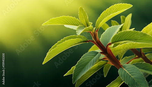 Lush green leaves sprout on a reddish stem, bathed in sunlight against a blurred natural backdrop, ideal for nature, spring, or growth themes photo