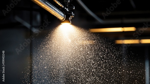 A close-up of water spraying from a fire sprinkler head inside a high-rise office during a routine safety inspection.