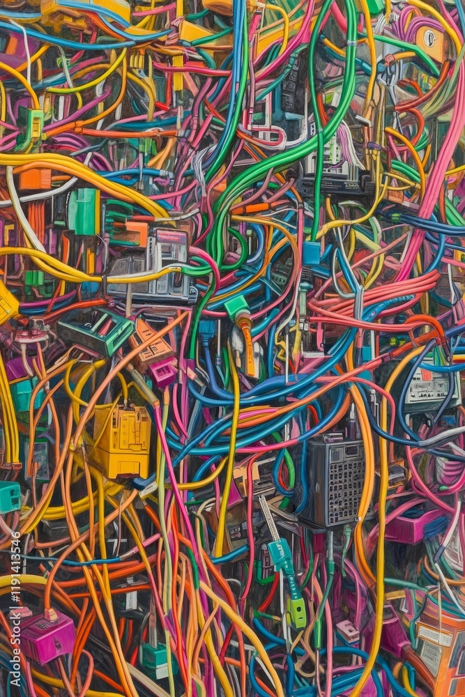 Fototapeta premium Colorful tangled wires and electronic components.
