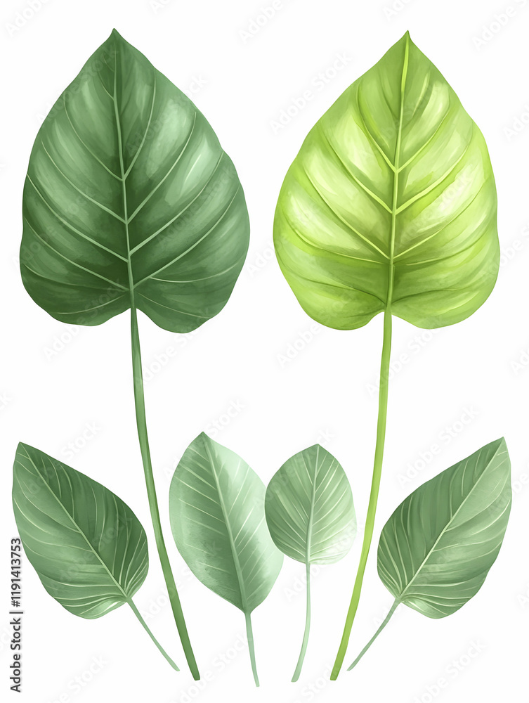 Lush green leaves, various sizes, isolated on white background, perfect for design projects Lush green leaves, various sizes, isolated on white background, perfect for design projects