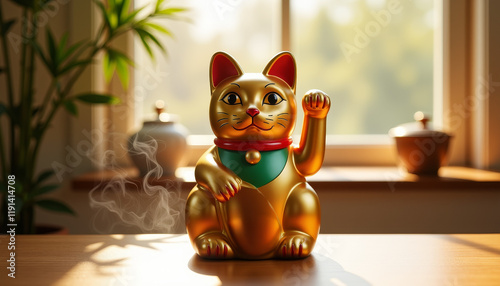 Golden Fortune Cat in tranquil tea house with morning light, good luck