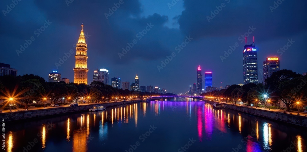 Fototapeta premium Hanoi's iconic landmarks lit up at night with a stunning light show , vietnamese architecture, light show