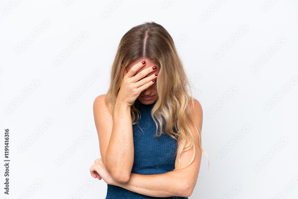 Young Russian woman isolated on white background with headache Young Russian woman isolated on white background with headache