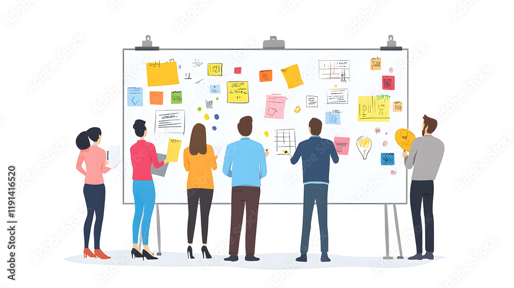 Group of colleagues planning a project on a large whiteboard, teamwork Group of colleagues planning a project on a large whiteboard, teamwork