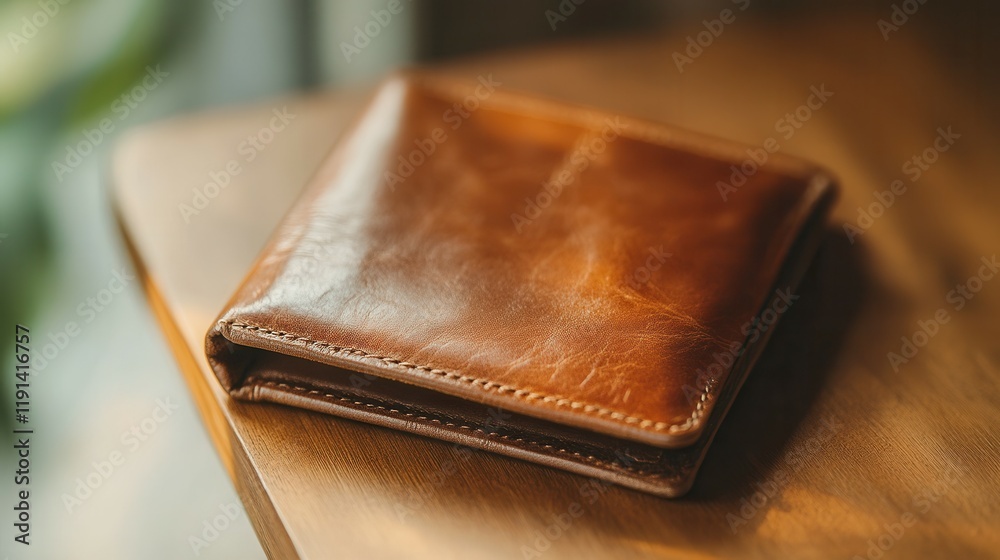 Stylish leather wallet on minimalist wooden surface for elegant accessories design. Stylish leather wallet on minimalist wooden surface for elegant accessories design.