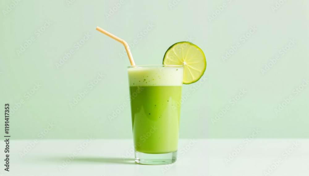 Refreshing green smoothie in a glass with lime slice Refreshing green smoothie in a glass with lime slice