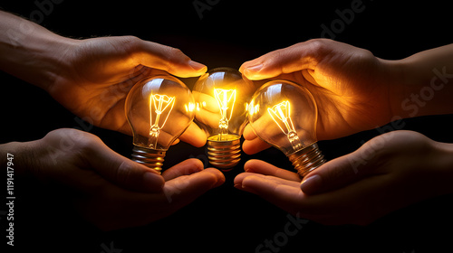 
Close-up of hands holding a glowing light bulb, representing shared ideas, teamwork photo