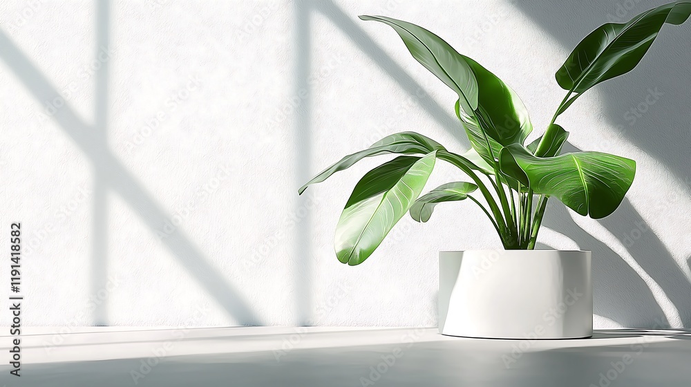 Minimalistic composition featuring green tropical leaves extending over a sleek white cylindrical surface, clean and modern aesthetic with soft lighting Minimalistic composition featuring green tropical leaves extending over a sleek white cylindrical surface, clean and modern aesthetic with soft lighting