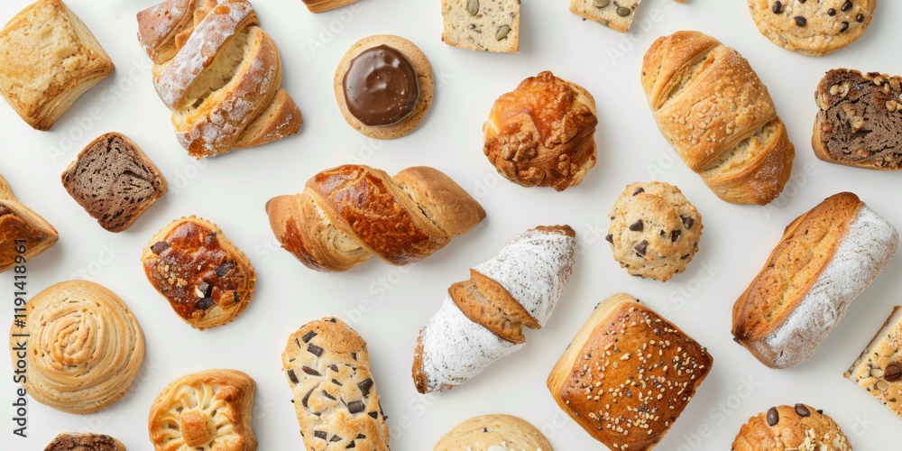 Variety of assorted baked goods. Assortment of cookies, breadstuff on a white background, full frame. Various kinds of pastries arrangement. Healthy snacks. Bakery products. Bread making business. Variety of assorted baked goods. Assortment of cookies, breadstuff on a white background, full frame. Various kinds of pastries arrangement. Healthy snacks. Bakery products. Bread making business.