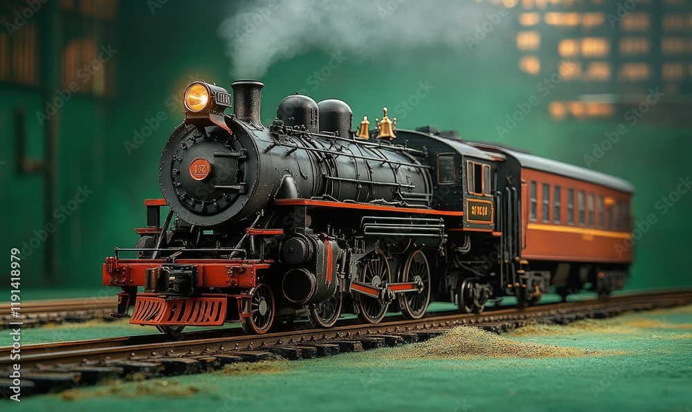 Fototapeta premium Vintage steam train model, puffing smoke.