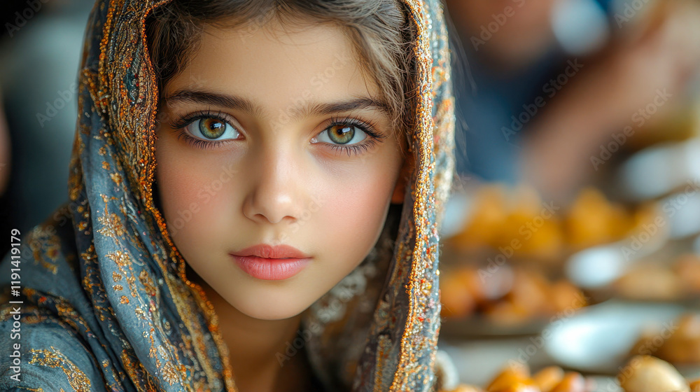 Beautiful woman in traditional Middle Eastern attire at a festive dining table. Warm lighting, cultural ambiance, close-up portrait Beautiful woman in traditional Middle Eastern attire at a festive dining table. Warm lighting, cultural ambiance, close-up portrait