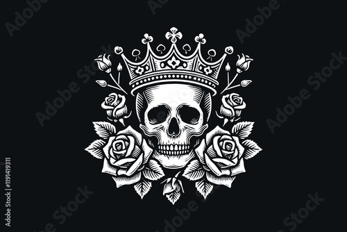  Engraved skull in crown surrounded by roses, vintage etching design