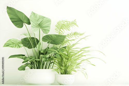 Lush green plants in white pots against a white wall, creating a serene indoor scene, ideal for home decor websites or interior design blogs photo