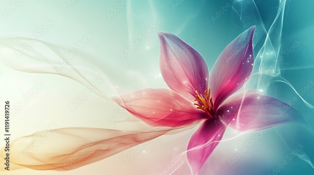 Fototapeta premium Delicate Pink Flower with Flowing Fabric Background