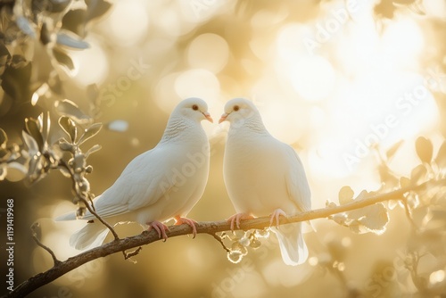 Romantic pair of doves on branch at sunset with glowing background. photo