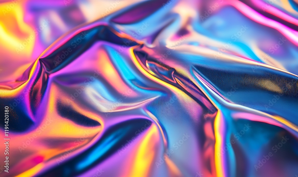 Fototapeta premium Neon Light Reflections Creating Dynamic Patterns on Shimmering Holographic Foil