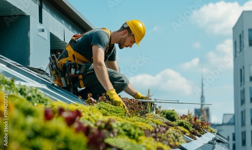 Worker installs plants on a green roof.