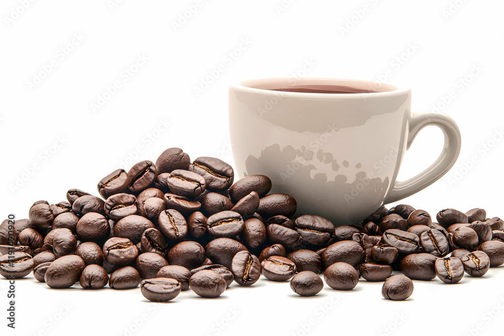 Naklejka premium Freshly Roasted Coffee Beans Piled Next to a Cup of Hot Brewed Coffee