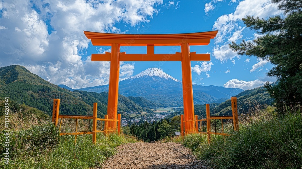 Majestic Mount Fuji View Through a Vibrant Orange Torii Gate Majestic Mount Fuji View Through a Vibrant Orange Torii Gate