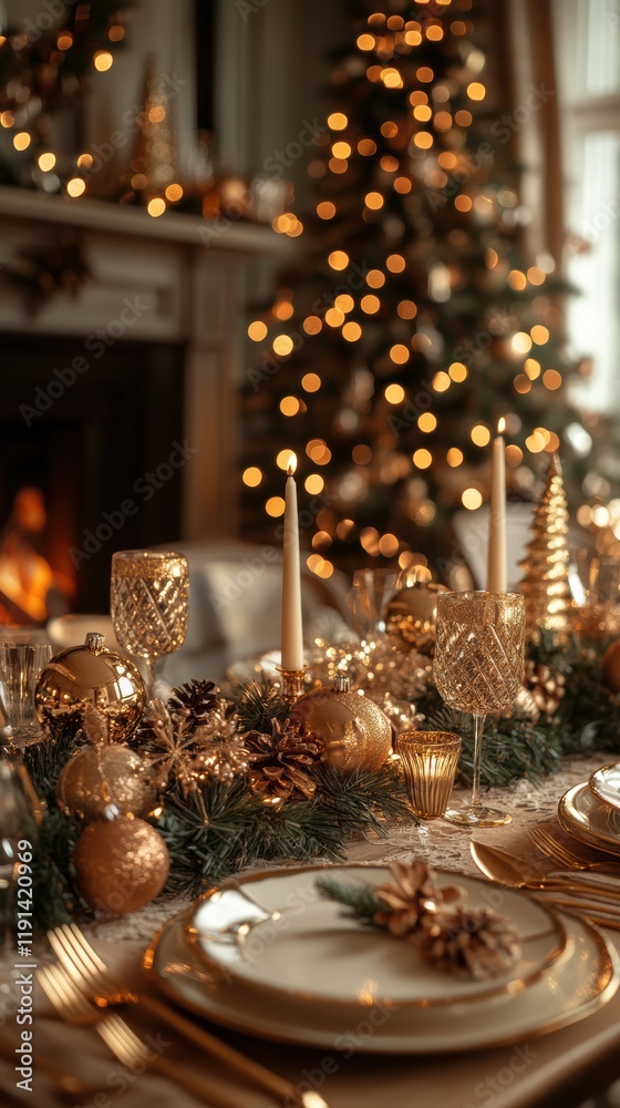 Christmas dinner table setting by fireplace with golden cutlery Christmas dinner table setting by fireplace with golden cutlery