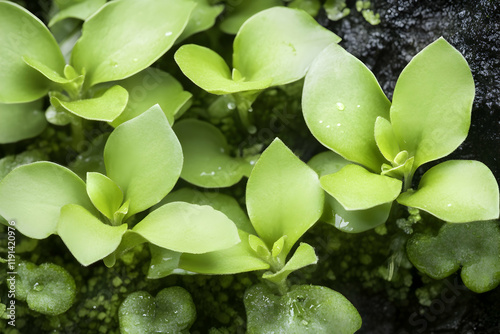 Lush green seedlings sprouting, close-up view, vibrant leaves, moist environment, perfect for nature or botany publications photo