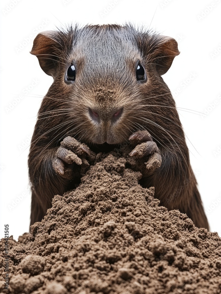 Fototapeta premium Curious Guinea Pig Digging in Dirt Pile on White Background for Educational Content
