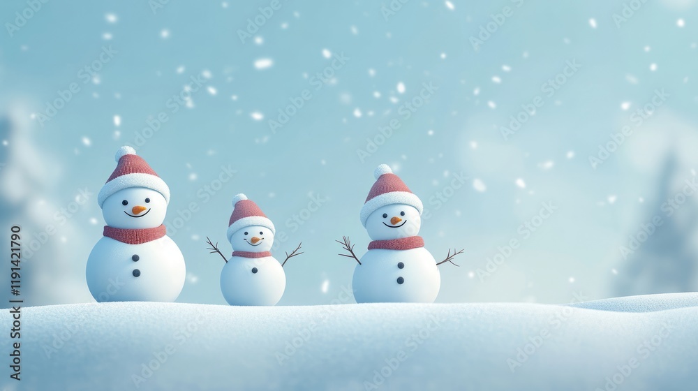 Fototapeta premium Snowman family winter snow scene, festive holiday card