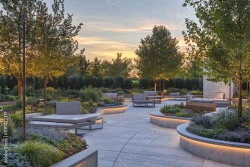 A wellness center outdoor space with serene seating areas, lush landscaping, and soft natural lighting