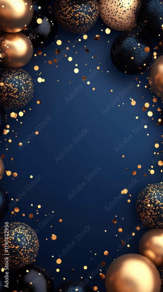 Empty frame surrounded by glitter black and gold balloons Empty frame surrounded by glitter black and gold balloons