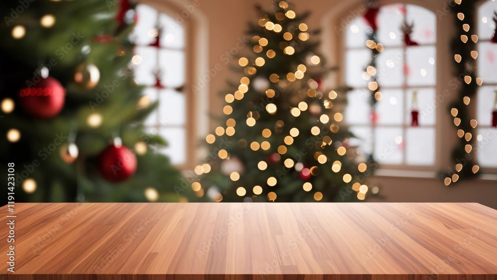 A blurred Christmas tree and decorated window interior background, with a wooden tabletop in the foreground, perfect for product display during the holiday season.
A blurred Christmas tree and decorated window interior background, with a wooden tabletop in the foreground, perfect for product display during the holiday season.