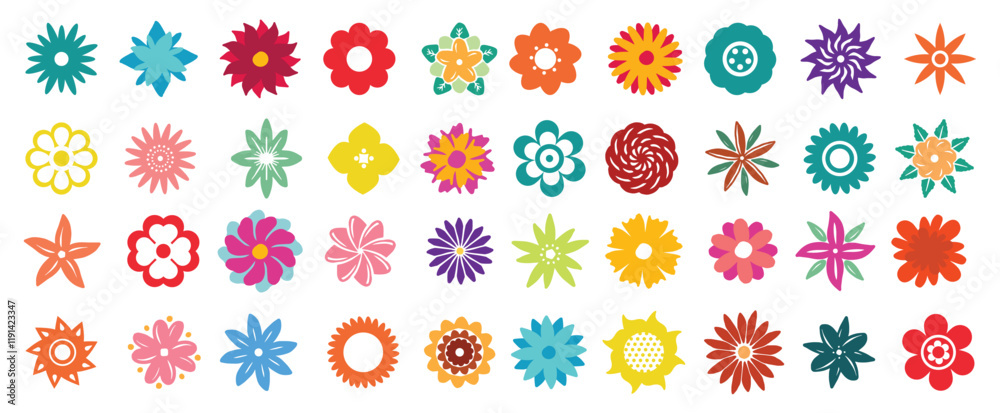 Abstract flowers, top view. Spring flora. Flat vector illustration on white background Abstract flowers, top view. Spring flora. Flat vector illustration on white background
