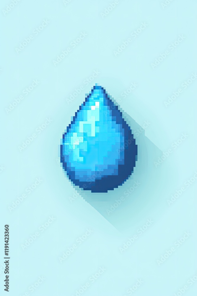 Obraz premium Shiny blue droplet with pixel art style, set against light backg