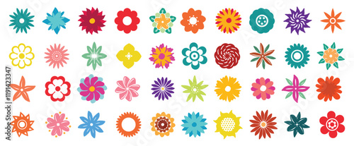 Abstract flowers, top view. Spring flora. Flat vector illustration on white background