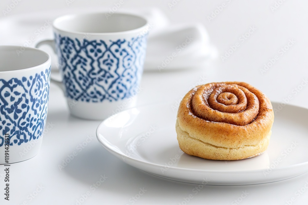 Delightful cinnamon roll on white plate, accompanied by patterne