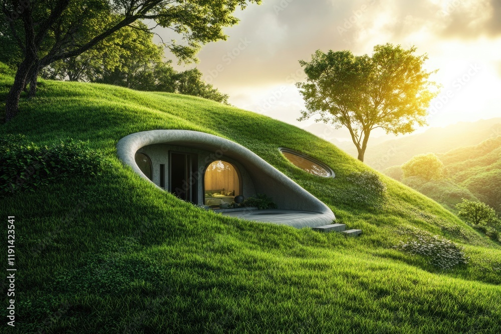 Fototapeta premium Modern eco-home nestled in lush green hills, blending with natur