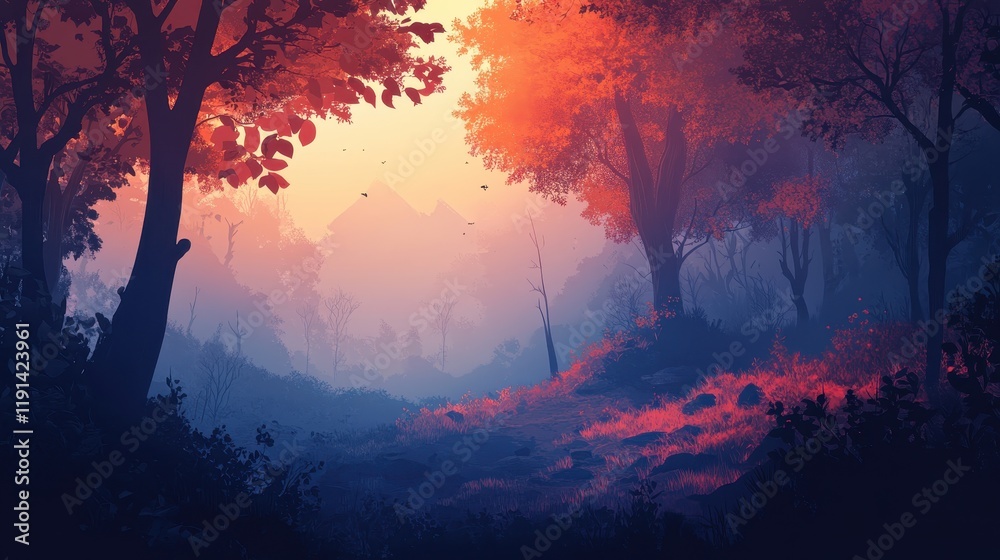Serene Autumn Forest Path at Sunset Glow Serene Autumn Forest Path at Sunset Glow