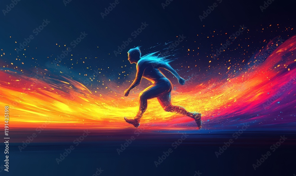 Naklejka premium Abstract figure running through vibrant, fiery landscape.