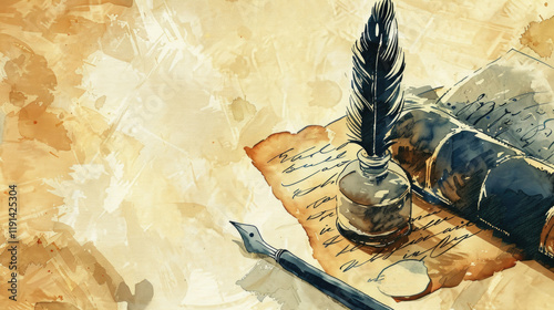 watercolor illustration, World writers day, manuscript on parchment, retro writing pen, inkwell, light background, vintage postcard, copy space, free space for text