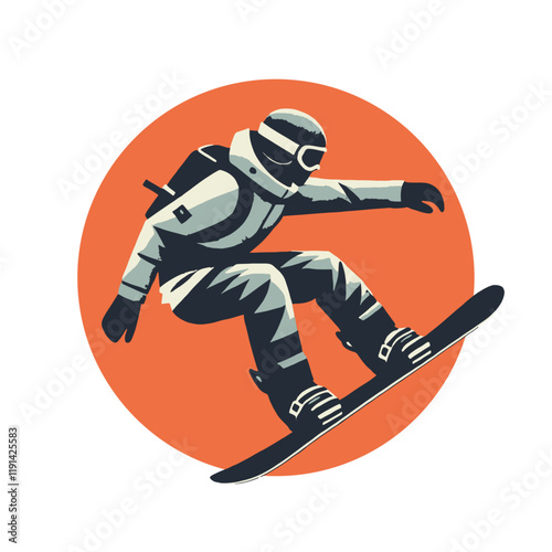 A vibrant illustration of a snowboarder in motion with an orange circle background, ideal for winter sports and modern adventure designs. Isolated vector illustration.