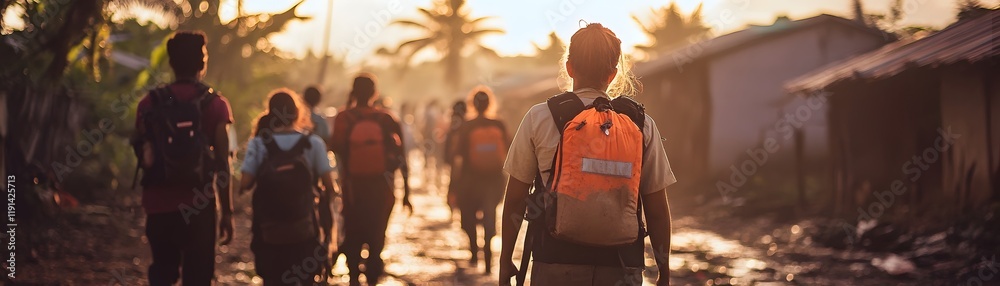 A group of children walking home at sunset, carrying backpacks on a dirt path, surrounded by lush greenery and simple homes, capturing a moment of daily life. A group of children walking home at sunset, carrying backpacks on a dirt path, surrounded by lush greenery and simple homes, capturing a moment of daily life.