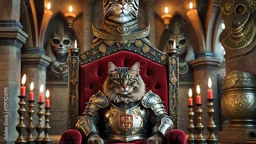 Armored Cat Sitting on Ornate Throne in Medieval Castle Surrounded by Cat Statues and Candlelight

 photo