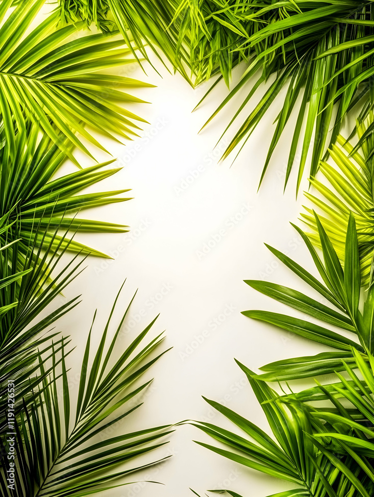 Fototapeta premium Lush tropical palm leaves frame a bright background, ideal for summer travel brochures or vacation advertisements