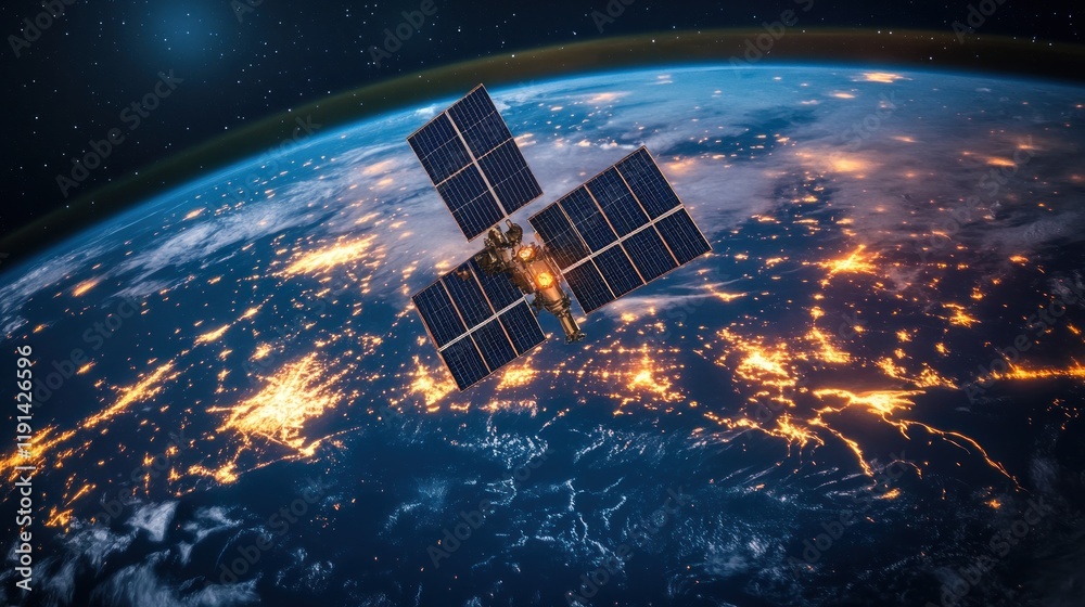 Satellite Orbiting Earth with City Lights Below - Space Exploration and Communication Satellite Orbiting Earth with City Lights Below - Space Exploration and Communication