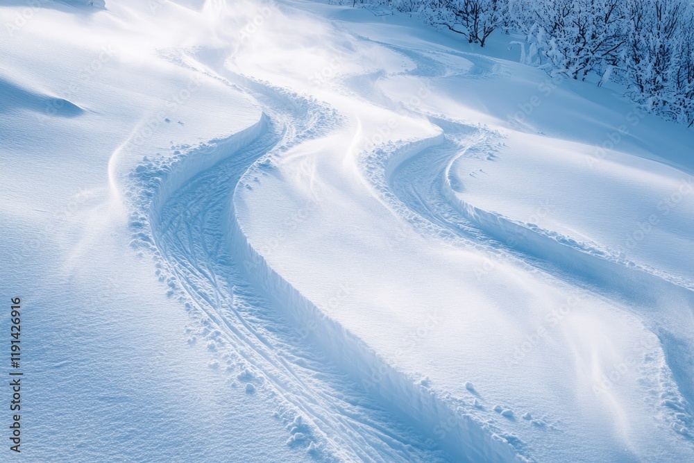 Winding tracks in pristine snow create serene winter landscape, Winding tracks in pristine snow create serene winter landscape,