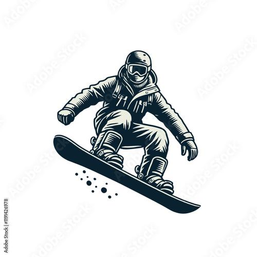 A detailed illustration of a snowboarder performing a jump with precise motion, ideal for winter sports and adventure designs. Isolated vector illustration.