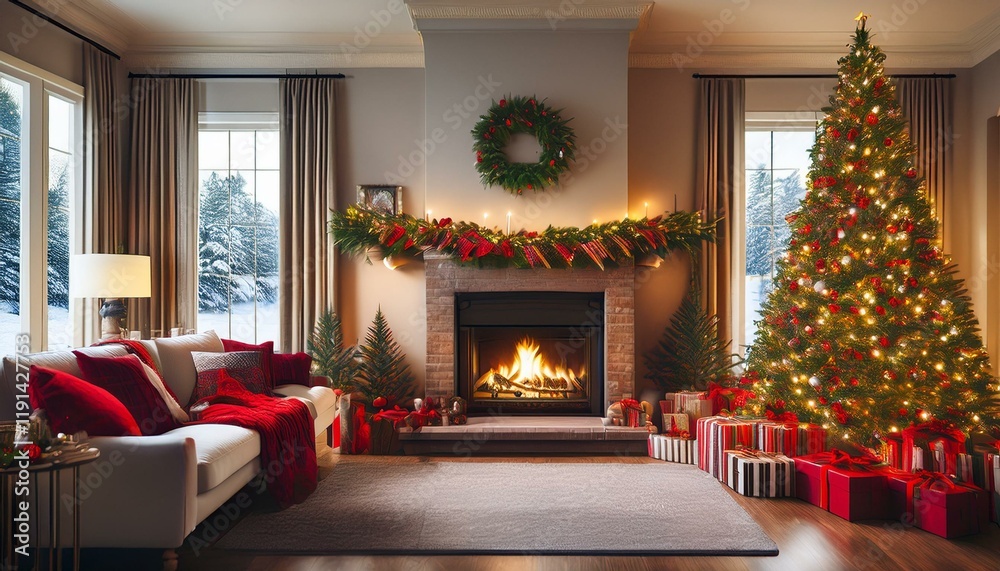 Generated image A warm, inviting living room with a roaring fireplace, a decorated Christmas tree Generated image A warm, inviting living room with a roaring fireplace, a decorated Christmas tree