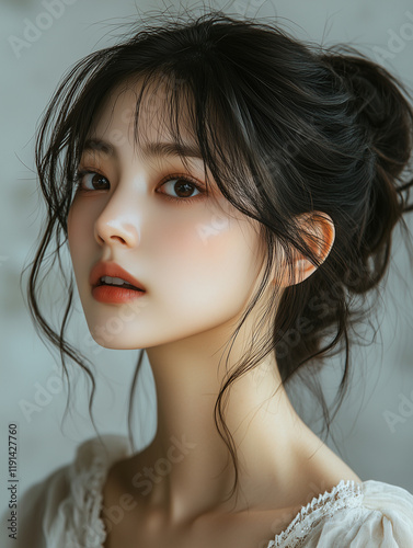 Young Korean woman with natural makeup and tousled hair posing against a neutral background during a portrait session